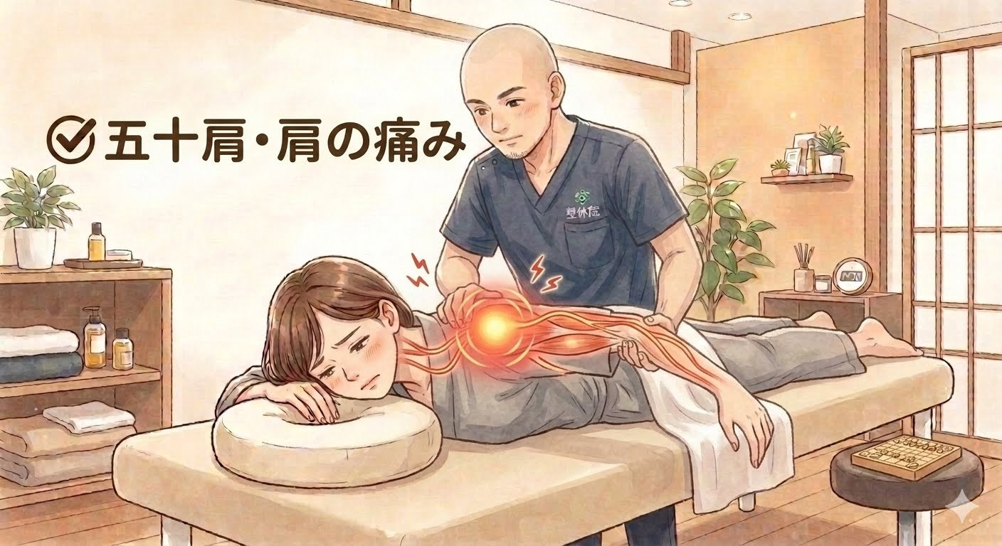 肩の関節をやさしく動かす施術のイラスト
