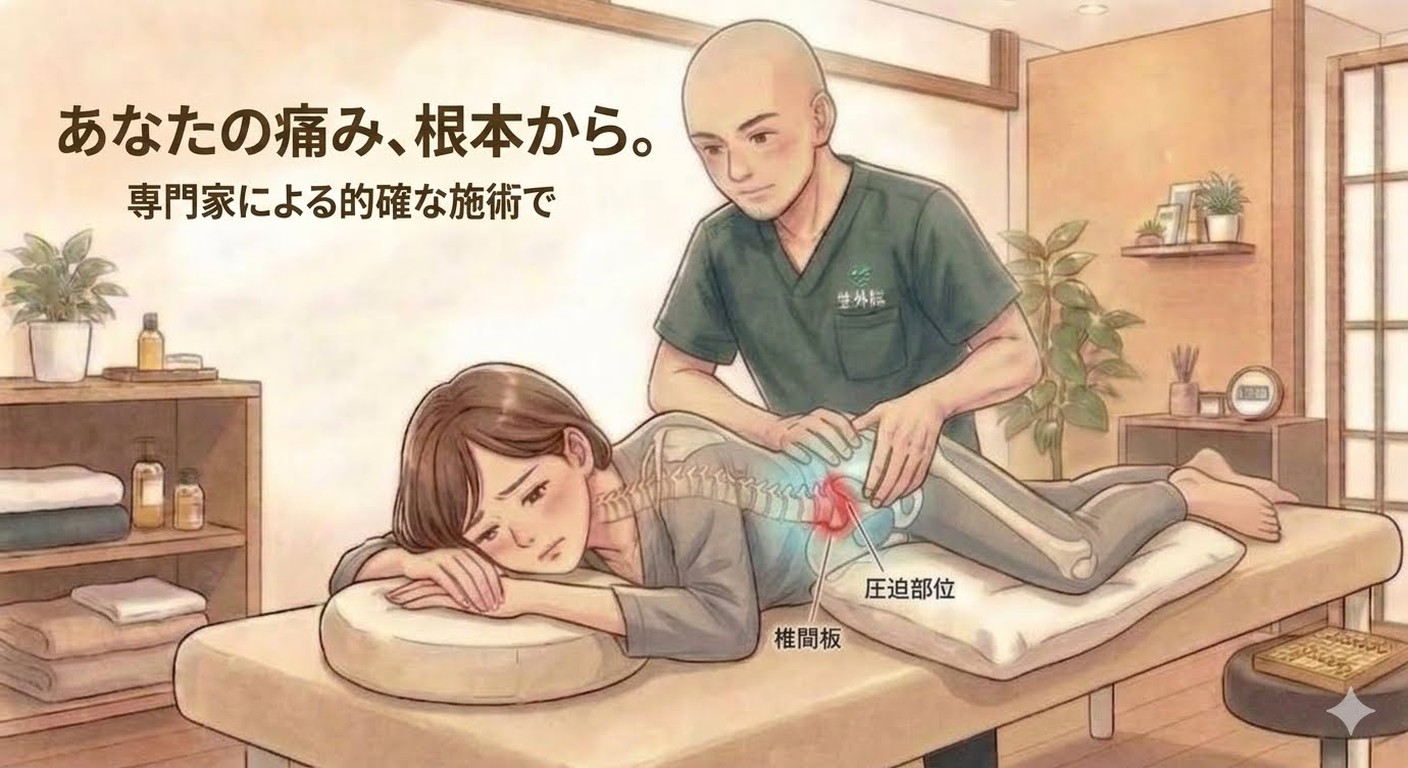 背中まわりを整える施術のイラスト（院内の様子）